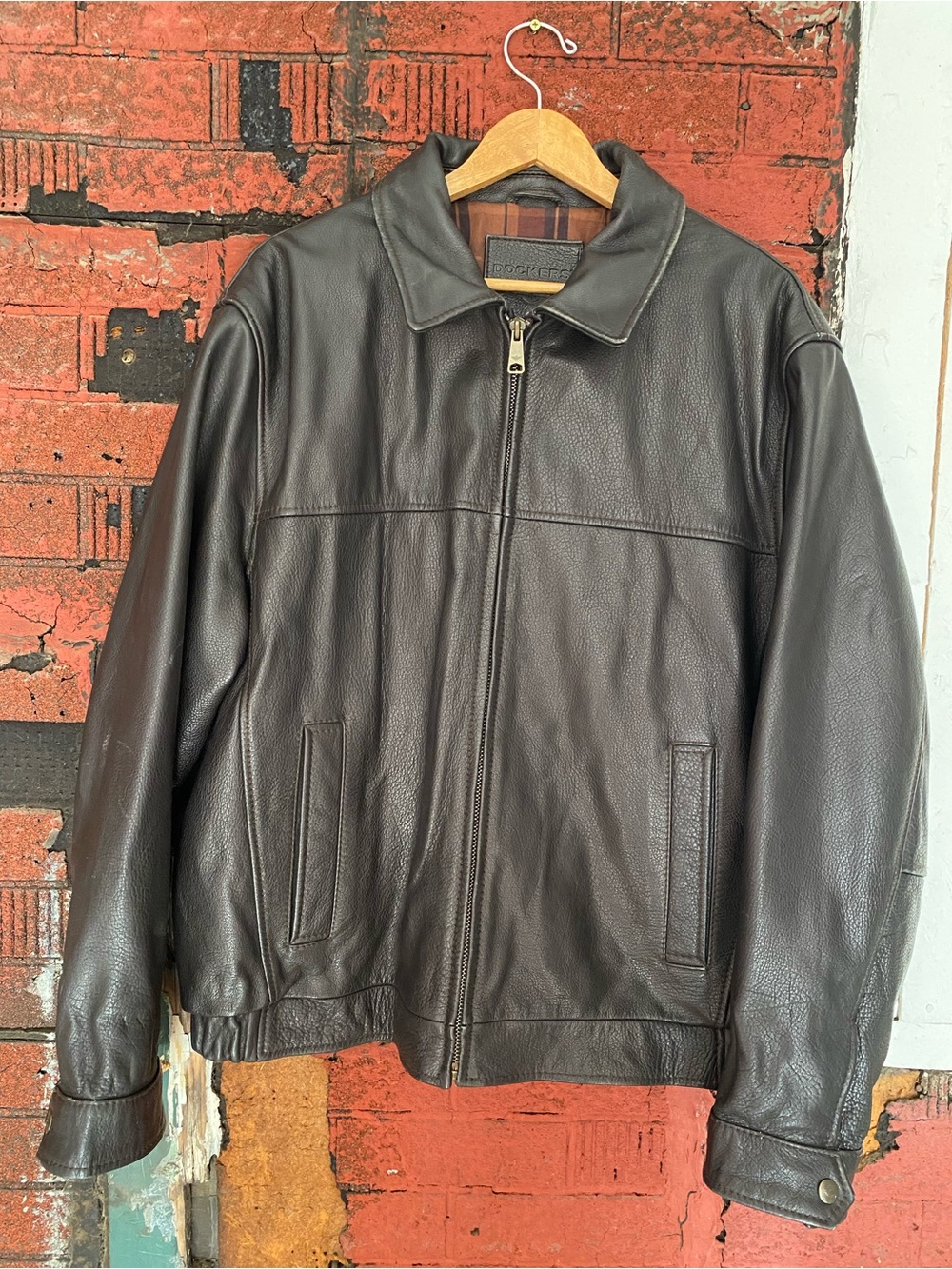 Genuine Leather Dockers Classic Mens Brown Jacket, Zip Front & Interior Pockets